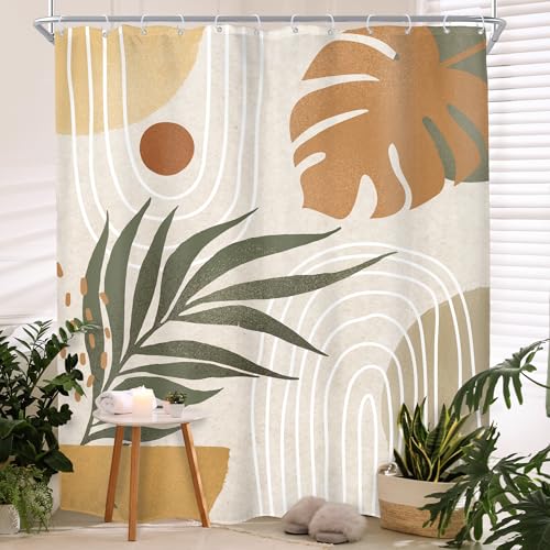 Beige Green Boho Shower Curtain Mid Century Abstract Bathroom Curtain Set - Plant Tropical Palm Leaf Minimalist Arch Geometric Modern 72Wx78L Bathroom Decor Waterproof Fabric with Free Hooks