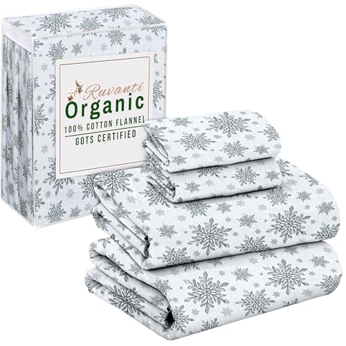 Ruvanti Flannel Sheets King Size - GOTS Certified 100% Organic Cotton, 4 Piece Warm, Soft & Breathable Set, Deep Pocket Snug Fit, Double Brushed Cozy All Season Bedding, Crystal Noir