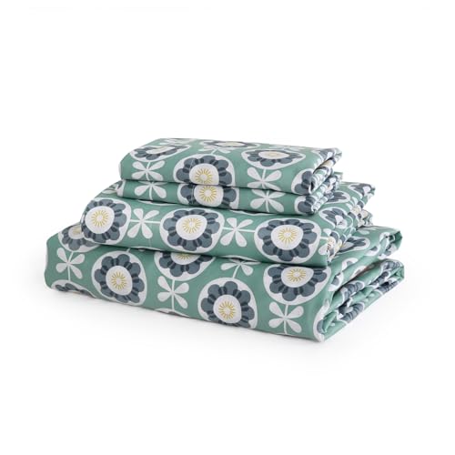 JSD Green Floral Printed Cotton Queen Sheet Set 16 in Deep Pocket - 4 Piece 300 Thread Count Sateen Sheets, Soft Breathable Cooling Sheets for Sensitive Skin, Oeko-Tex Certified