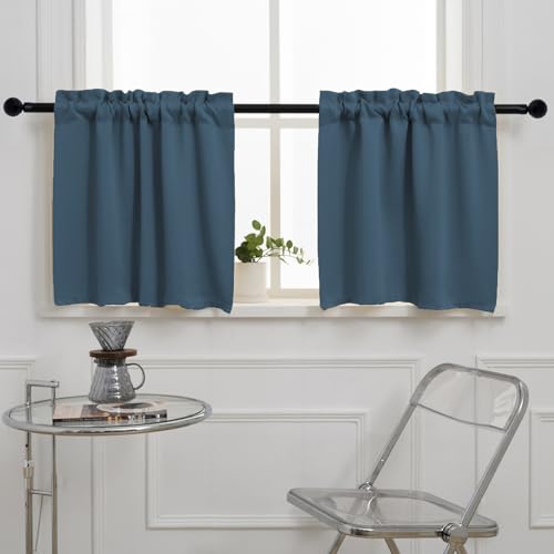 "Pickluc Cafe Curtain (Half Window Curtain) 24 Inches Length, Rod Pocket Kitchen Curtain, Short Blackout Curtain for Small Window, 30"" Wide and 30"" Long, 2 Panels, Stone Blue"