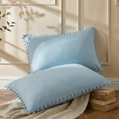 Blue Pom Poms Pillow Cases, Sky Blue Pillowcases Set of 2, 100% Soft Washed Microfiber, Blue Pillow Shams King, 2 Pack (King, Sky Blue)