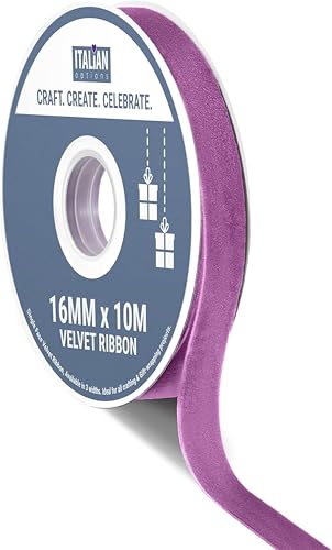 Italian Options Velvet Ribbon, Luxury, Single-Face Velvet Ribbon for Crafting, Christmas, Bows, Hair, Cakes, Weddings, Ornaments, Gift Wrapping, Flowers, 16mm x 10 Metre Roll, Amethyst