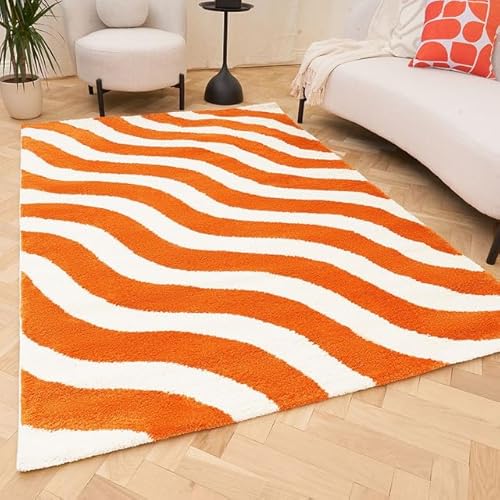 THE RUGS Joli Area Rug - Soft Dense Pile Modern Artistic Design, Durable & Easy Care Carpet for Living Room & Bedroom - Striped Orange & White, 120 x 170 cm