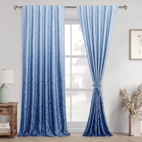 DWCN Back Tab Ombre Room Darkening Curtains for Bedroom - Damask Design 90 inches Long Thermal Insulted Tieable Window Drapes Light Blocking Curtains for Living Room, 2 Panels, W52 x L90, Navy Blue