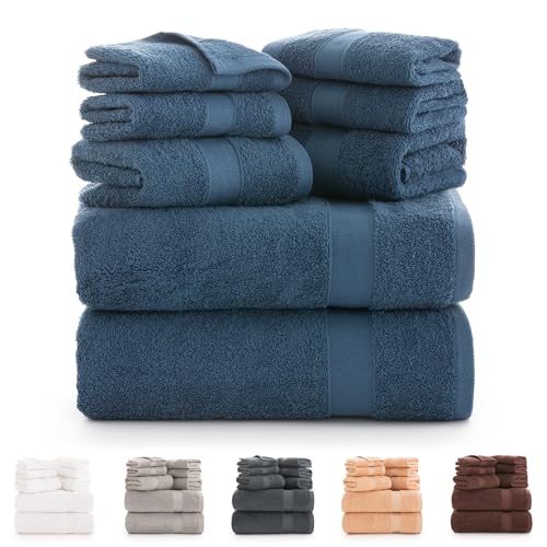Todocama - 8 Piece Bath Towel Set 100% Cotton (550 GSM) Extra Soft, High Absorbent and Quick Drying, 2 Bath Towels, 2 Hand and 4 Face Towels (Navy Blue)