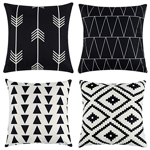 "Tosewever Set of 4 Decorative Geometric 20 x 20 Inches Throw Pillow Covers - Modern Pattern Linen Square Pillow Cushion Case for Sofa Couch Bed Home Outdoor Car (20"" x 20"", Black)"