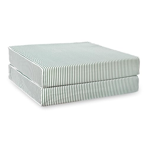 Hofdeco Premium Coastal Patio Indoor Outdoor Seat Cushion Cover Only Set of 2, 24???x24???x4??? Water Repellent for Backyard, Couch, Green Print Stripes
