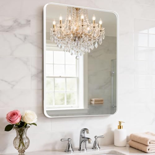 "YYXW 28"" x 24""Matte White Metal Framed Bathroom Mirror for Wall, Rounded Rectangle Mirror, Matte White Bathroom Vanity Mirror Farmhouse, Anti-Rust, Tempered Glass, Hangs Horizontally or Vertically"