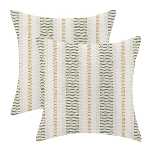 Sage Green Mustard Yellow Outdoor Pillow Covers 16 x 16 Inch, Beige Polka Dots Stripe Decor Throw Pillows for Couch Bed, Boho Modern Farmhouse Decorative Pillowcase Linen Cushion Cover Set of 2