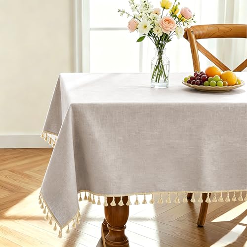 "Alsoo Table Cloth Rectangle Table 55"" x 90"" Linen Look Texture Cotton Tablecloth Waterproof Wrinkle Free Heavy Duty Tables Cover with Tassel for Kitchen Dining Holiday Party, Light Brown"