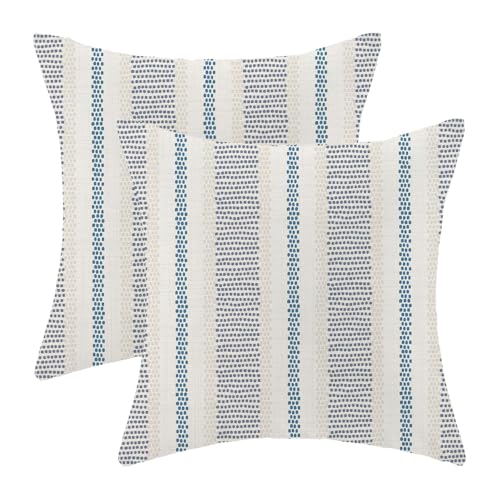 AEIOAE Navy Blue Outdoor Pillow Covers 18 x 18 Inch, Beige Polka Dots Striped Decor Throw Pillows for Couch Bed, Boho Modern Farmhouse Decorative Pillowcase Linen Cushion Cover Set of 2