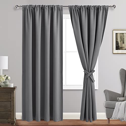 JIUZHEN Blackout Curtains for Bedroom - Thermal Insulated Room Darkening Noise Reducing, 52 x 84 Inch Length Curtains for Living Room, Set of 2 Panels with Tiebacks, Light Grey