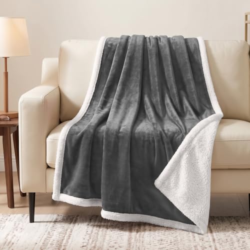 PAVILIA Sherpa Fleece Throw Blanket for Couch, Twin Size, Dark Grey, Plush Soft Fuzzy Sofa Blanket, Cozy Reversible Winter Throw for Women Men, 60x80 Inches