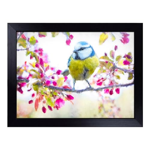 Lap Tray with Bean Bag Cushion, Blue Tit Bird In Spring - Handmade in the UK, Raised Wooden Edge, Padded Cushion, Heat-Resistant Wipe-Clean Surface, for Meals, Laptops and Crafts