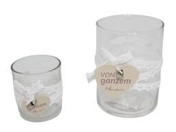 Set of 2 Round Glass Candle Holders with Wooden Heart Transparent 10 x 10 x 15 cm