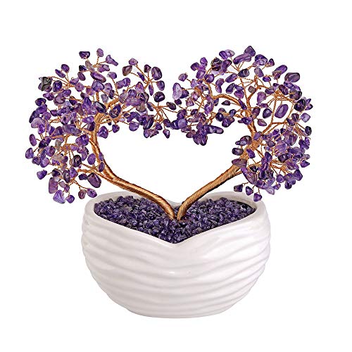 "Jovivi Amethyst Crystal Heart Money Tree Healing Gemstone Bonsai Ornament for Wedding Ceremony Reiki Balancing Energy Meditation Feng Shui Wealth & Good Luck Home Indoor Office Decor 7.87""-8.26"""