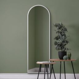 "MirrorOutlet The Arcus - White Framed Modern Full Length Arched Leaner/Wall Mirror 71"" X 24"" (180CM X 60CM) Silver Mirror Glass with Black All weather Backing."