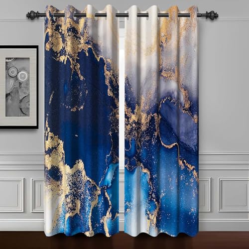 "Luxury Blue Gold Marble Blackout Curtains 96 inches Long,2 Panels 42""Wx96""L - Room Darkening Window Curtains,Polyester Thermal Insulated Drapes,Grommet Window Drapes,for Bedroom Living Room Dining Room"