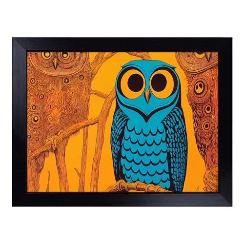 Lap Tray with Bean Bag Cushion, Energising Owl - Handmade in the UK, Raised Wooden Edge, Padded Cushion, Heat-Resistant Wipe-Clean Surface, for Meals, Laptops and Crafts
