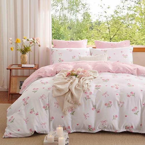 Erwinmu Floral Duvet Cover Set Queen Size,Pink Tulip Bow Ties Reversible Bedding Set with Heart Pattern for Girls Kids,Romantic Microfiber Comforter Cover 3Pcs with Zipper Closure and 2 Pillowcases