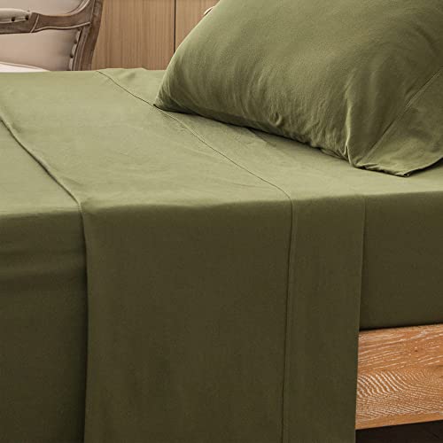 PURE ERA Jersey Knit Flat Top Sheet Only 100% T-Shirt Heather Cotton Super Soft Comfy Breathable (1-Pack, King, Olive Green)