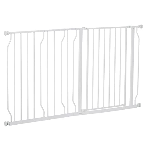 PawHut Dog Gate Wide Stair Gate w/ Door Pressure Fit Pets Barrier for Doorway, Hallway, 76H x 75-145W cm - White