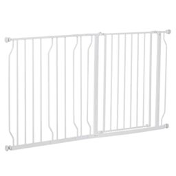 PawHut Dog Gate Wide Stair Gate w/ Door Pressure Fit Pets Barrier for Doorway, Hallway, 76H x 75-145W cm - White