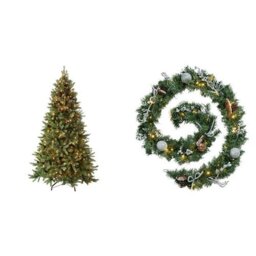 WeRChristmas Pre-Lit Craford Pine Cone Multi-Function Christmas Tree with 300-LED Lights, 5 ft/1.5 m with Pre-Lit Decorated Garland Illuminated with 40 Cold White LED Lights, 9 ft - Silver Ice