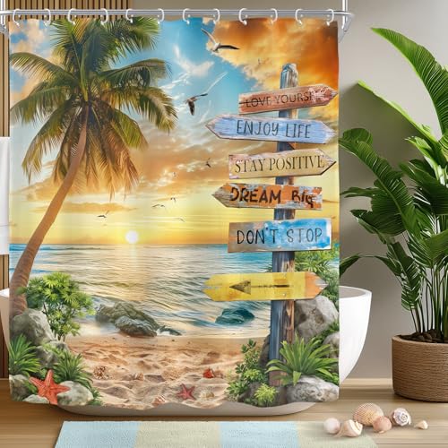 Riyidecor Tropical Beach Ocean Shower Curtain for Bathroom Decor 60Wx72H Summer Palm Tree Coastal Quotes Inspirational Sunset Scenery Art Printed Fabric Polyester Waterproof 12 Pack Plastic Hooks