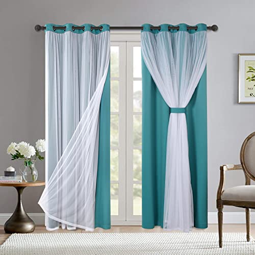 Bonzer Turquoise Blackout Curtains with White Sheer Overlay 84 Inches Long - Mix and Match Thermal Insulated Curtains for Living Room Girls Bedroom, 52x84 Inch, Set of 2 Grommet Top Window Panels
