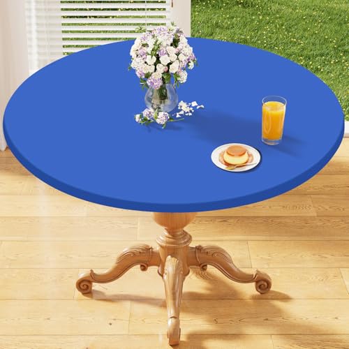 "Homing Round Elastic Fitted Tablecloth, Water-Resistant Fabric Tablecloths for 31""-35"" Tables, Washable Polyester Table Cover for Picnic, Caming, Dinner, Indoor & Outdoor, Blue"