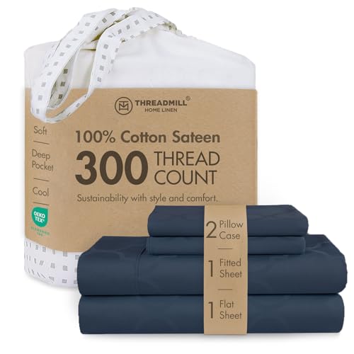 "Threadmill 300TC Cotton Full Sheet Set, Sateen, Jacquard, Folkstone Blue - 100% Cotton, Sateen Weave, Jacquard Pattern, 4-Piece Set, 16"" Deep Pocket, Cooling, OEKO-TEX Certified, Machine Washable"