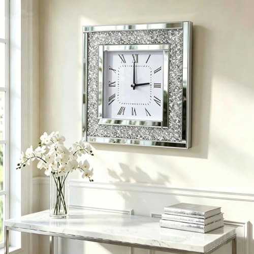 DMDFIRST Silver Square Mirror Clock 20x20inches Crystal Sparkle Twinkle Bling Crushed Diamond Mirrored Large Wall Clock for Wall Decoration Silver Glass Mirror Home Décor. AA Battery is not Included.