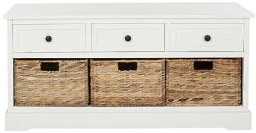 SAFAVIEH Contemporary Wooden Rolling Storage Chest with 3 Drawers, in Distressed and Cream, 40 X 105 X 50
