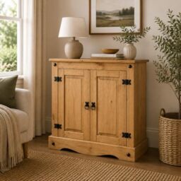 Corona Sideboard Cupboard 2 Door Solid Pine Wood with Wax Finish Mexican Style Black Metal Hardware Internal Shelf
