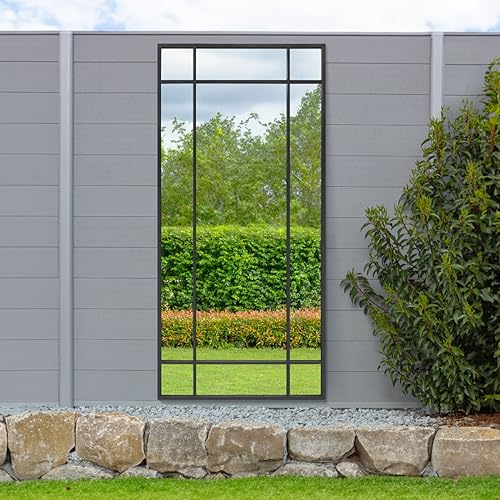 "MirrorOutlet The Genestra - Black Modern Contemporary Leaner and Wall Garden Mirror 71"" X 33"" (180CM X 85CM) Silver Mirror Glass with Black Metal Frame. Landscape or Portrait. Frost Protected Glass…"