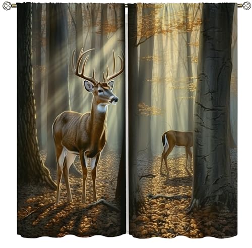 AAVEUP Rustic Hunting Curtain, Vintage Fall Forest Scenery Birch Tree Wild Elk Cabin Window Treatments for Living Room Bedroom Cottage Bathroom 42x45in (No Blackout)