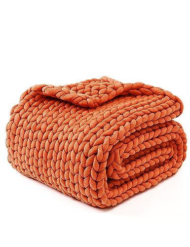 YNM Original Hand Knitted Throw Blanket - Soft, Breathable and Portable Medium-Weight Chunky Knit Throw for Couch, Sofa, Bed and More - Stylish Home Décor Piece (Exotic Orange, 100x130 cm)