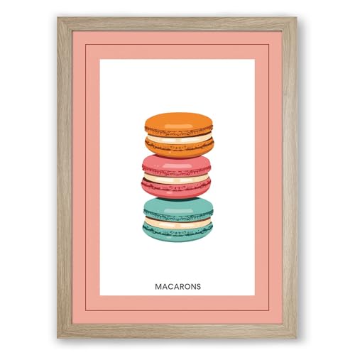 Stacked Macarons Modern Framed Wall Art Print A1 (84.1×59.4cm) Oak, Wall Decor for Living Room, Bedroom, Office & Home, Ready to Hang, Art Gift