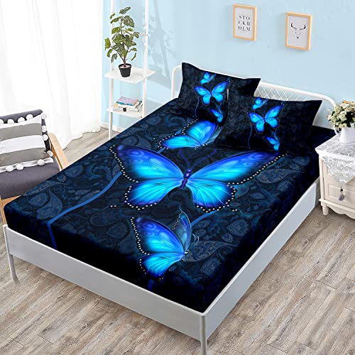 HOSIMA Blue Mandala Butterfly Bedding Queen,1 Fitted Sheet+2 Pillowcases. - Boho Floral Bedding,Butterfly Print Fitted Sheet for Girls Bedroom Set
