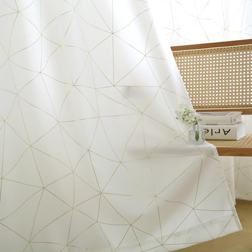 "Taisier Home Gold Linen Grommet Window Curtain Panels Metallic Geo Moroccan Tile Foil Print Cream Draperies for Bedroom Living Room,Light Filtering Window Treatments,52"" Wx84 L,2 Panels"