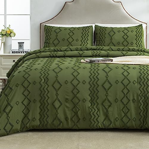 Andency Comforter Set Full Olive Green, 3 Pcs Bedding - Olive Green Shabby Chic Bedding, Soft Fluffy Farmhouse Bed Set, Textured Comforter for All Season(79x90 Inch)