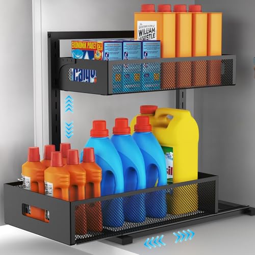 Petiza Under Sink Organizer Pull Out Cabinet Organizer Adjustable Height 2 Tier Bathroom Organizer with Sliding Drawers Kitchen Organizers and Storage Fridge Organizers and Storage(1pc)???