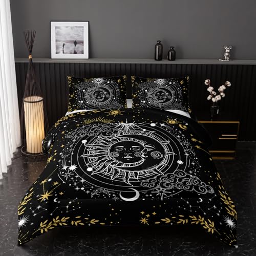 Nttopship Sun and Moon Bedding Set, Celestial Galaxy Comforter Set Full Comforter Set for Girls Women Kids BlackGold Galaxy Bohemian Exotic Gothic Quilt 1 Comforter + 2 Pillow Cases