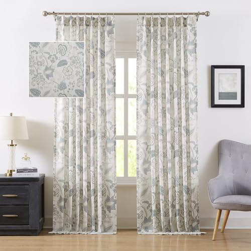 "Kayne Studio Floral Leaf Print Light Filtering Curtains Blue Grey Botanical Leaf Flower Farmhouse Drapes Semi Sheer Window Treatment Set for Living Room Bedroom Pinch Pleated BackTab,40""x90"",2 Panels"