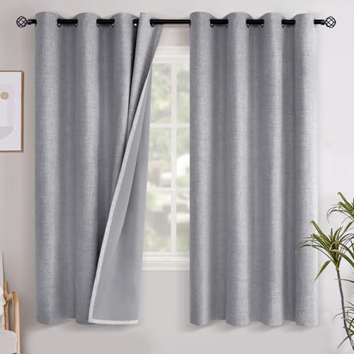 YoungsTex Grey Linen Blackout Curtains 63 Inches Long for Bedroom Grommet - Thermal Insulated Black Out Drapes Room Darkening Privacy for Living Room, 2 Panels, 52 X 63 Inch