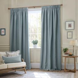Sanderson Hutton Room Darkening Pencil Pleat Curtain Pair – Ikat Woven Jacquard Lined Drapes (Blue - 229x229cm)