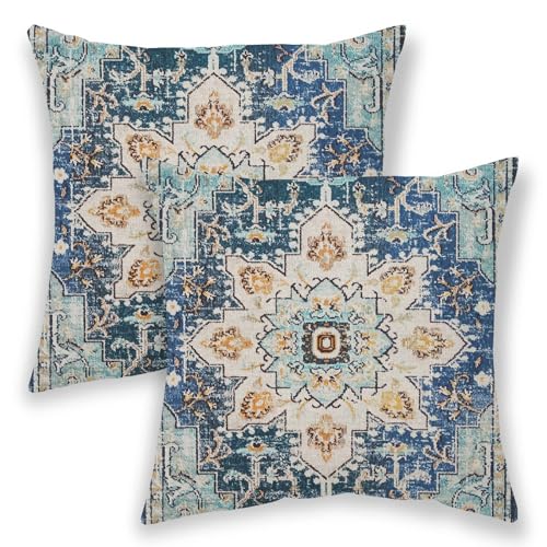 BETGINY Boho Pillow Covers 24x24, Blue and Teal Ethnic Design Outdoor Decorative Throw Pillows for Couch, Carpet Pattern Decor Cushion Cover 2 Pcs Farmhouse Linen Pillowcase for Bed Car Safa