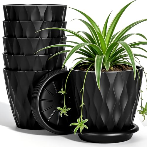 VINATO Set of 6 Flower Pots with Saucers, Planters, 10 cm, Black, Indoor, Thick PP Material, Ideal for Herbs, Succulents, Orchids