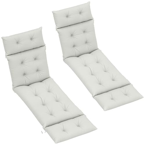 Outsunny Sun Lounger Cushions Only, 190 x 56 x 10 cm Garden Lounge Chair Cushions Set of 2, UPF20+ 220gsm Fabric, Thick Sunbed Replacement Pads with 6 Ties, Light Grey
